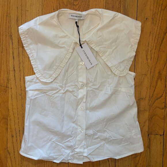 WeWoreWhat Ruffle Collar Cotton Poplin Button-Up - NWT, Optic White, XS - Picture 9 of 15